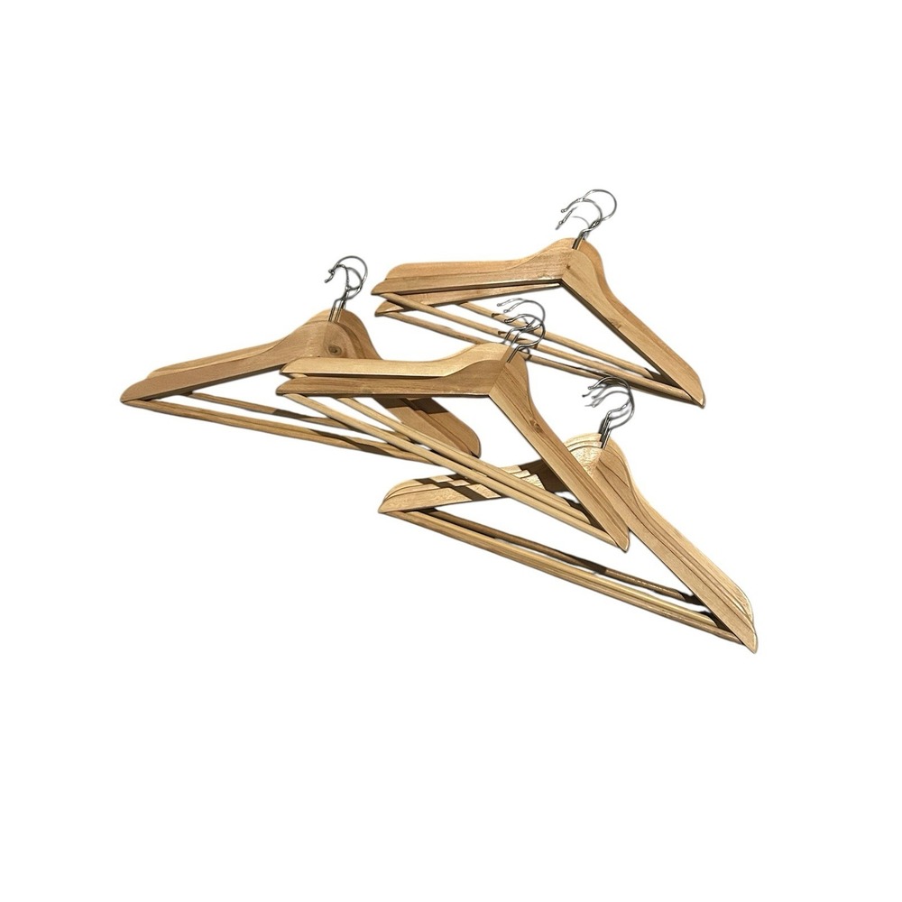 Set Of 12 Wooden Suit Hangers With Bar Natural Wood Finish 17"